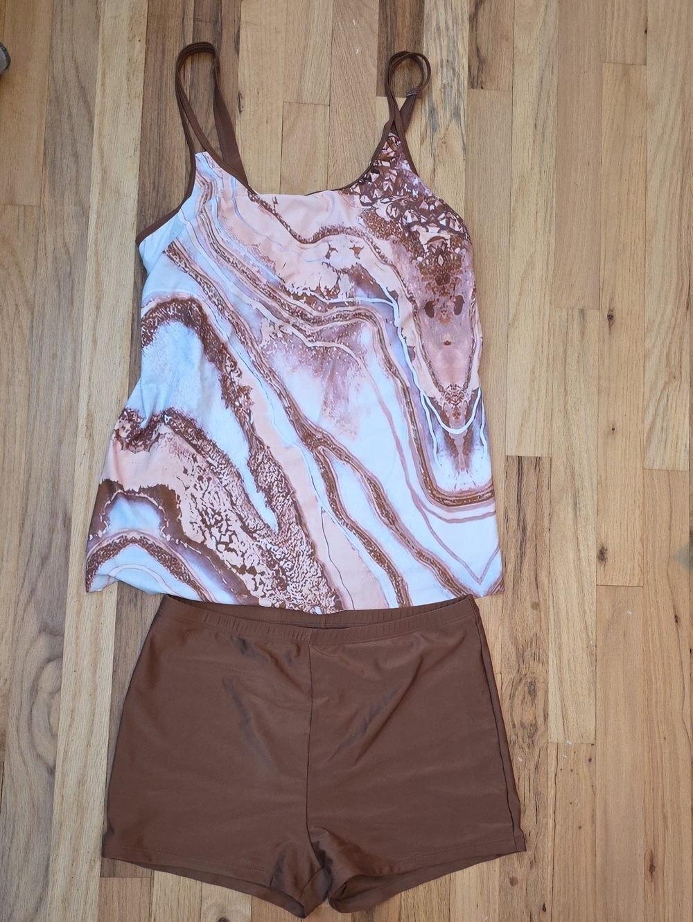 Women's Marble-Print Swimwear Tankini With Boy Shorts Set in Brown and Pink